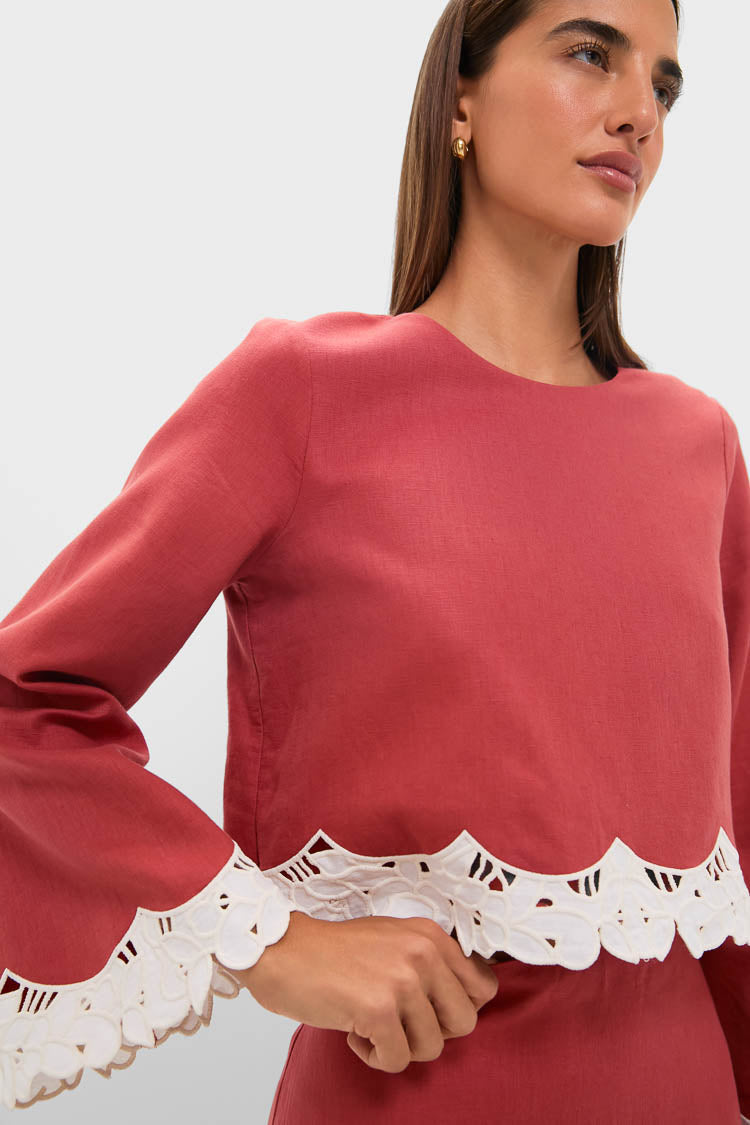 Red Eyelet Trim Cotton Linen Maxine Top