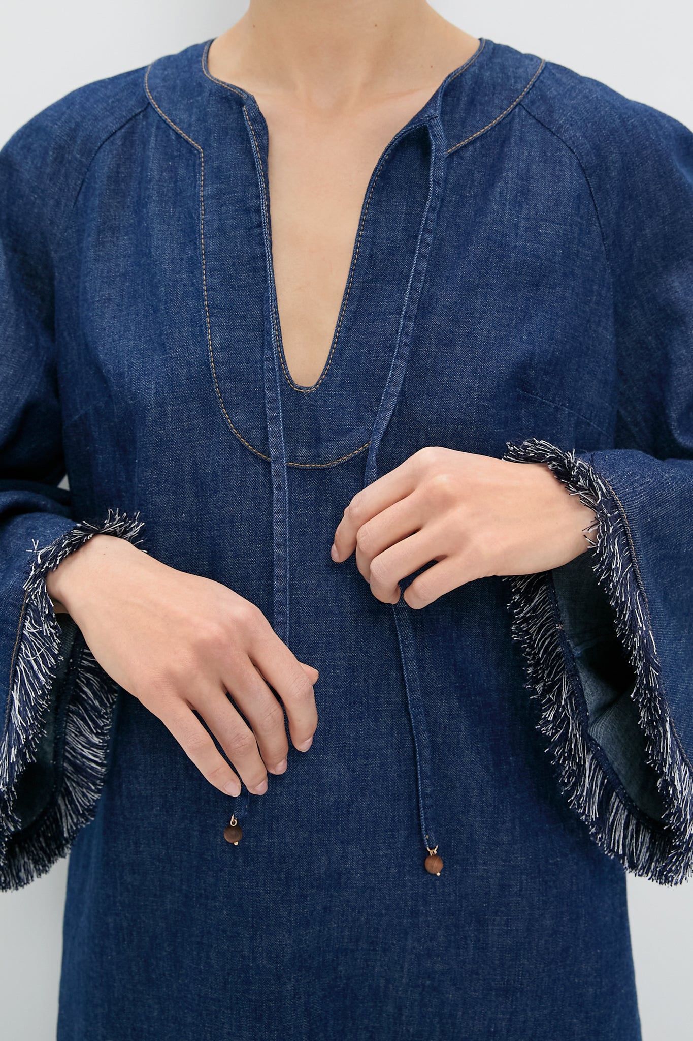 midi denim fringe dress Atlantic Rhiannon Fringe Denim Midi Dress