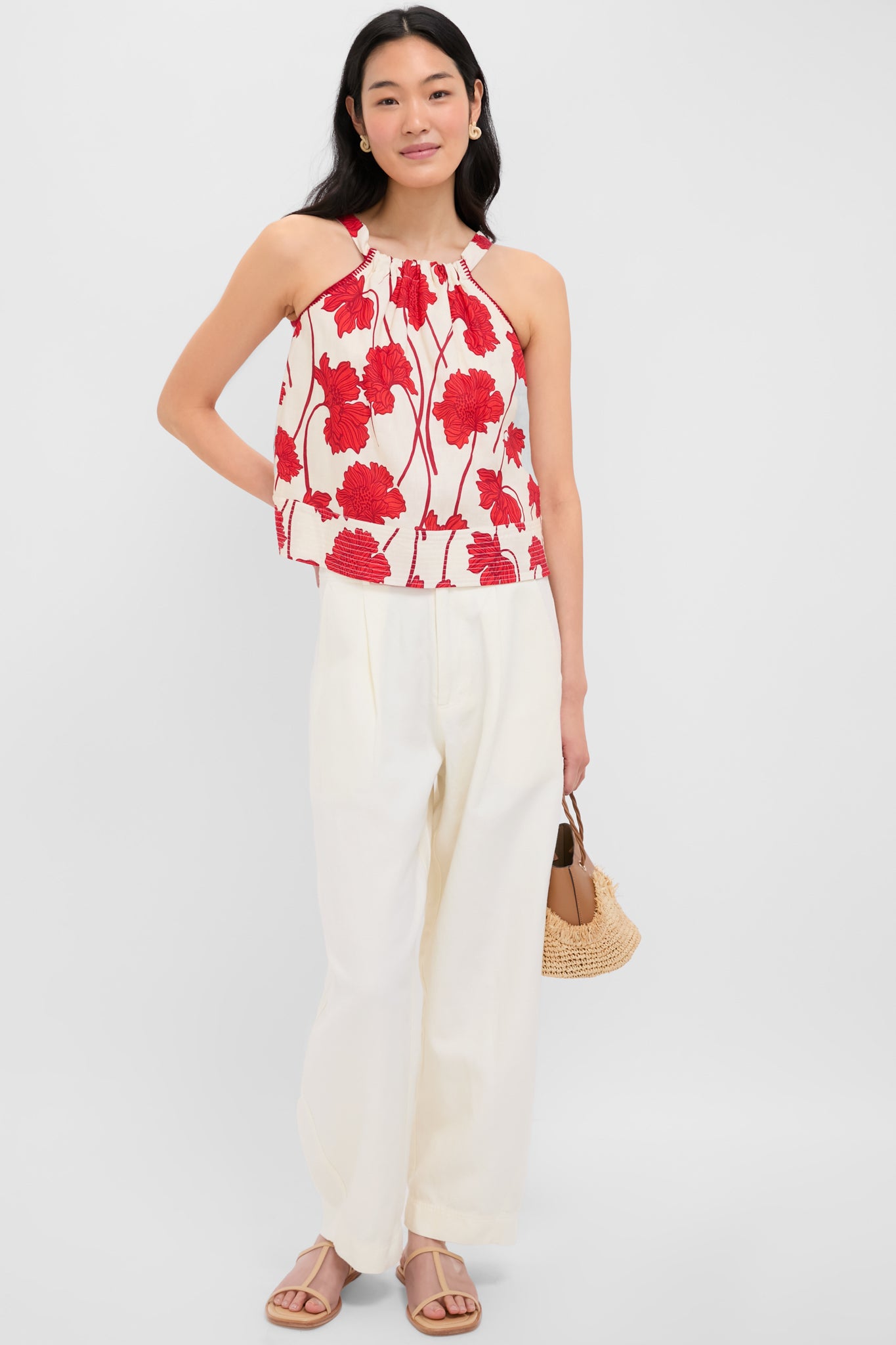 Cream and Red Noelle Floral Linen Halter Top