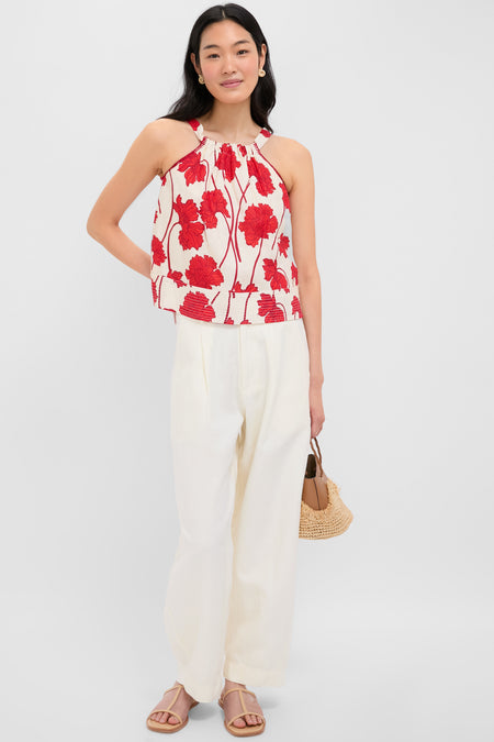 Cream and Red Noelle Floral Linen Halter Top