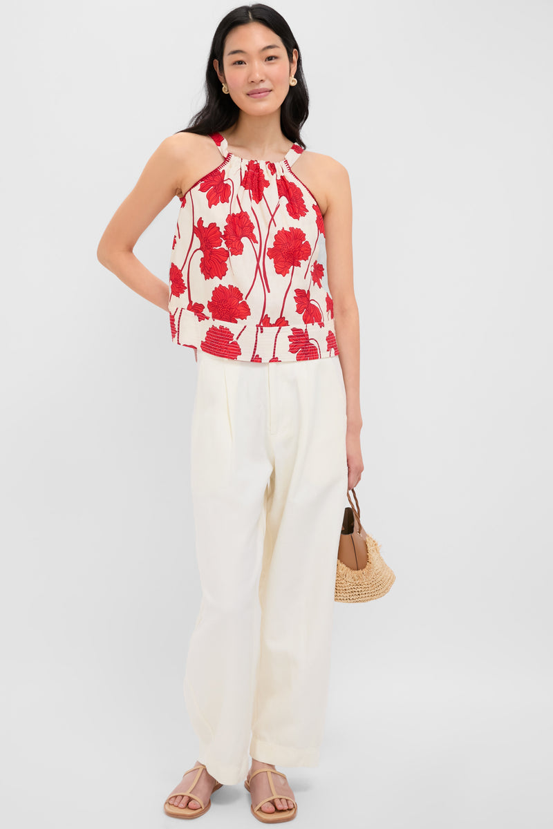 Cream and Red Noelle Floral Linen Halter Top