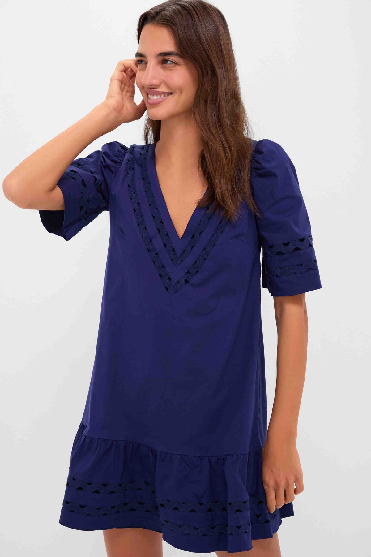 Navy V-Neck Puff Sleeve Mini Dress