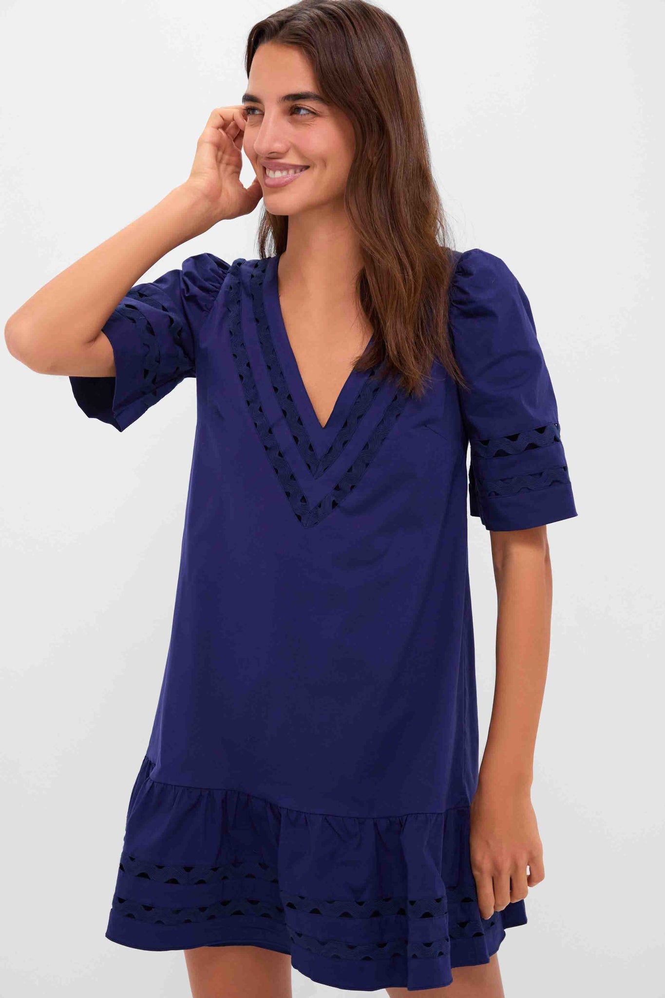 navy puff sleeve mini dress Navy V-Neck Puff Sleeve Mini Dress