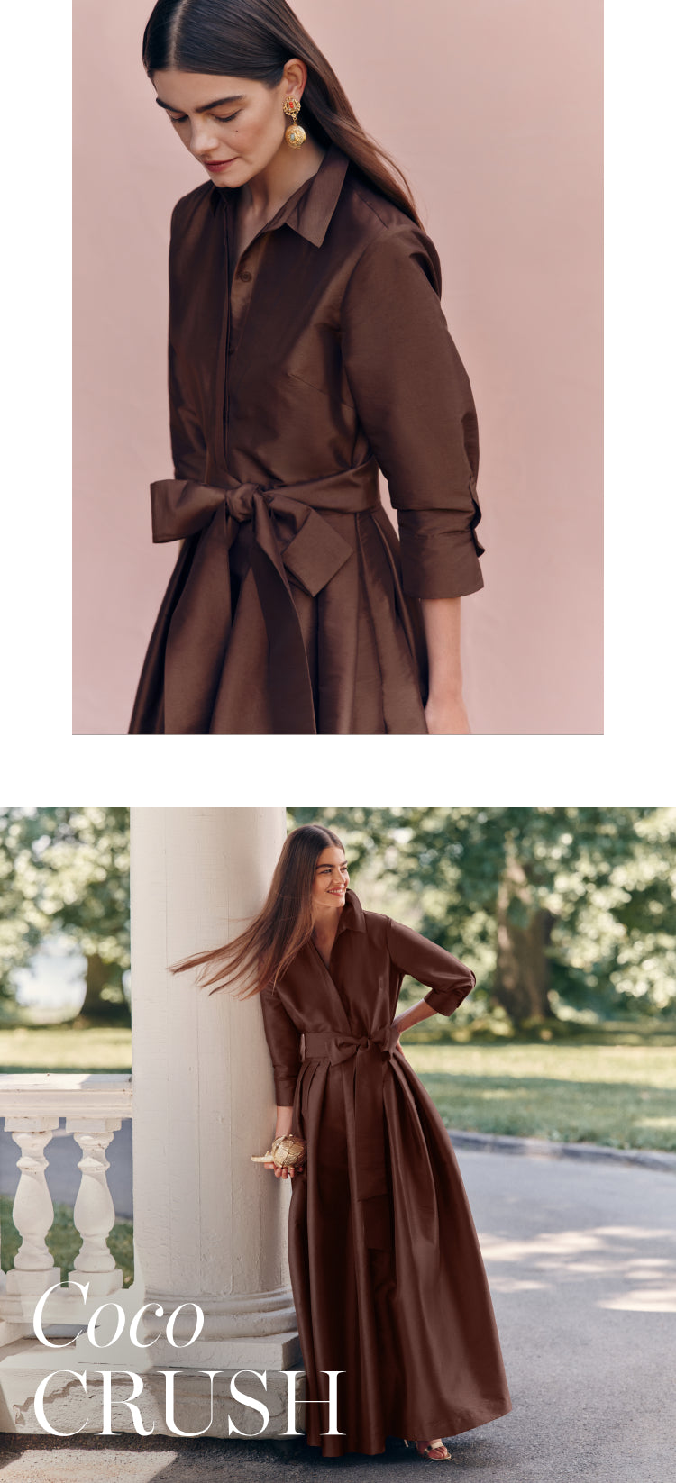 Top: Close up of woman in brown long sleeve dress with pink background. Bottom: Woman leaning on a column in a brown long sleeve dress. 