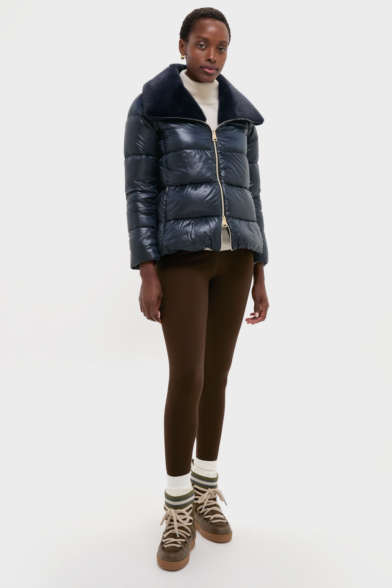 Blue Navy Nylon Ultralight Short Jacket with Faux Fur Collar