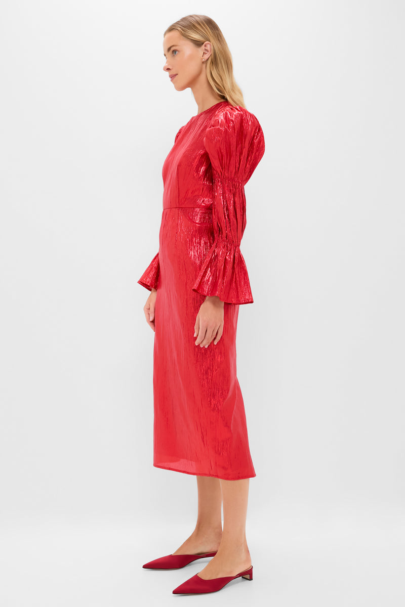 Red Metallic Plisse Puff Sleeve Darcy Midi Dress