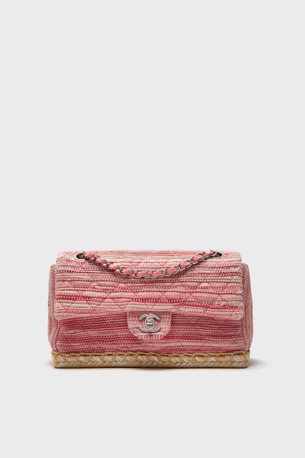 CHANEL Pink Classic Raffia Espadrille Flap Bag
