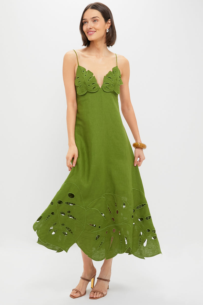 Green Monstera Embroidery Midi Dress