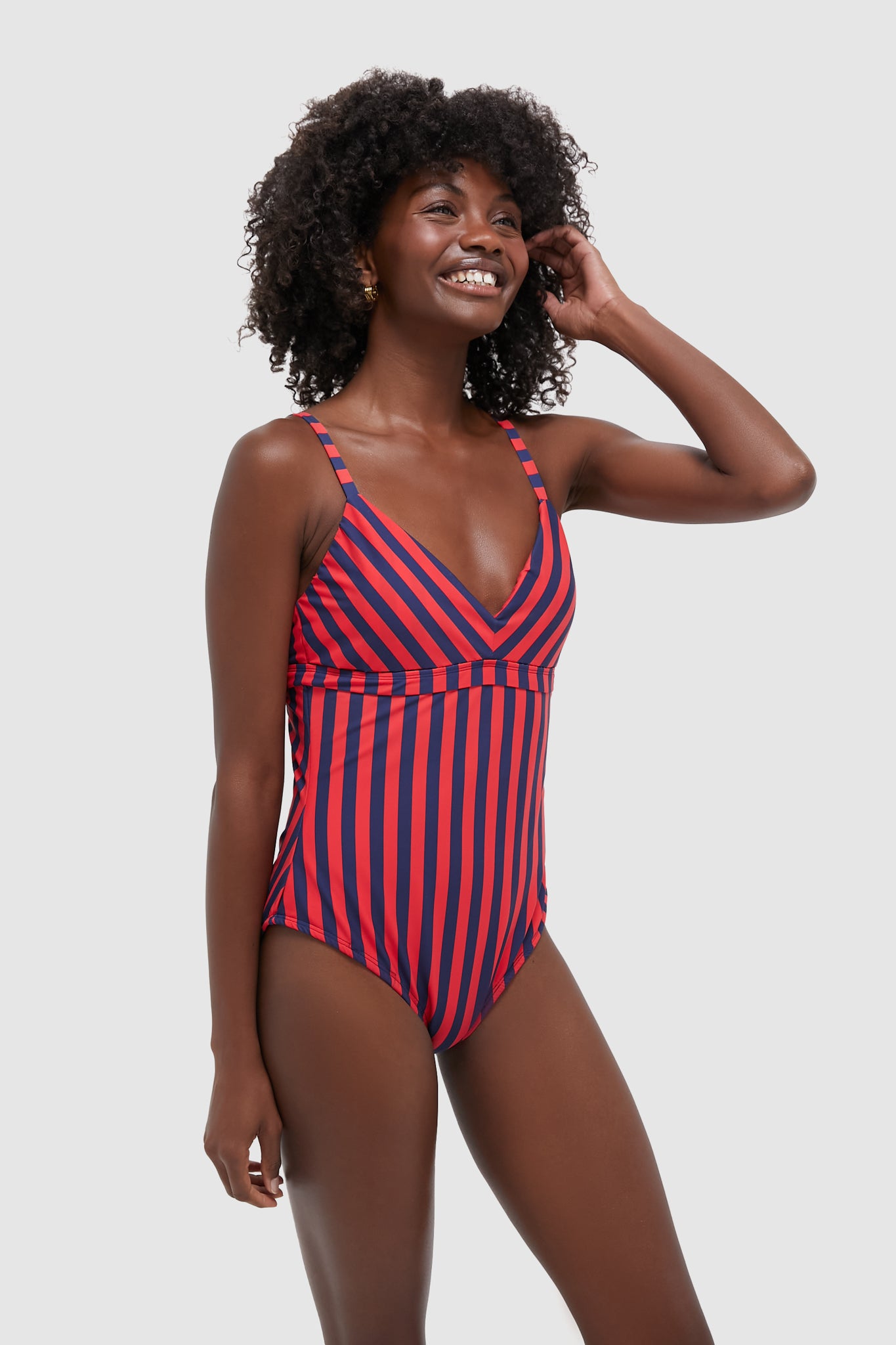 Hot Pepper and Navy Striped Dreamsculpt Push-Up Plunge One Piece