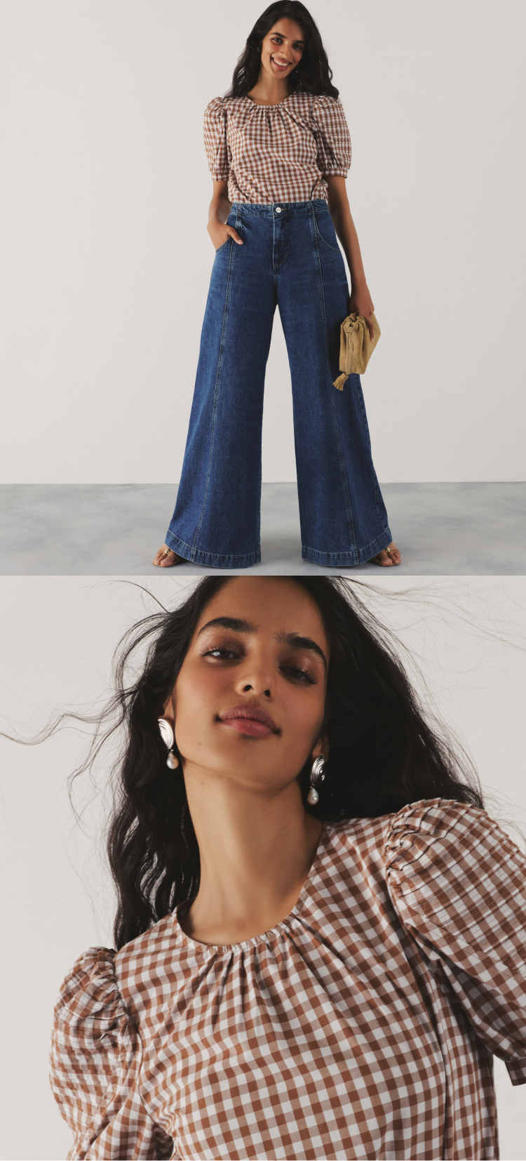 Woman in a brown gingham top and jeans. 