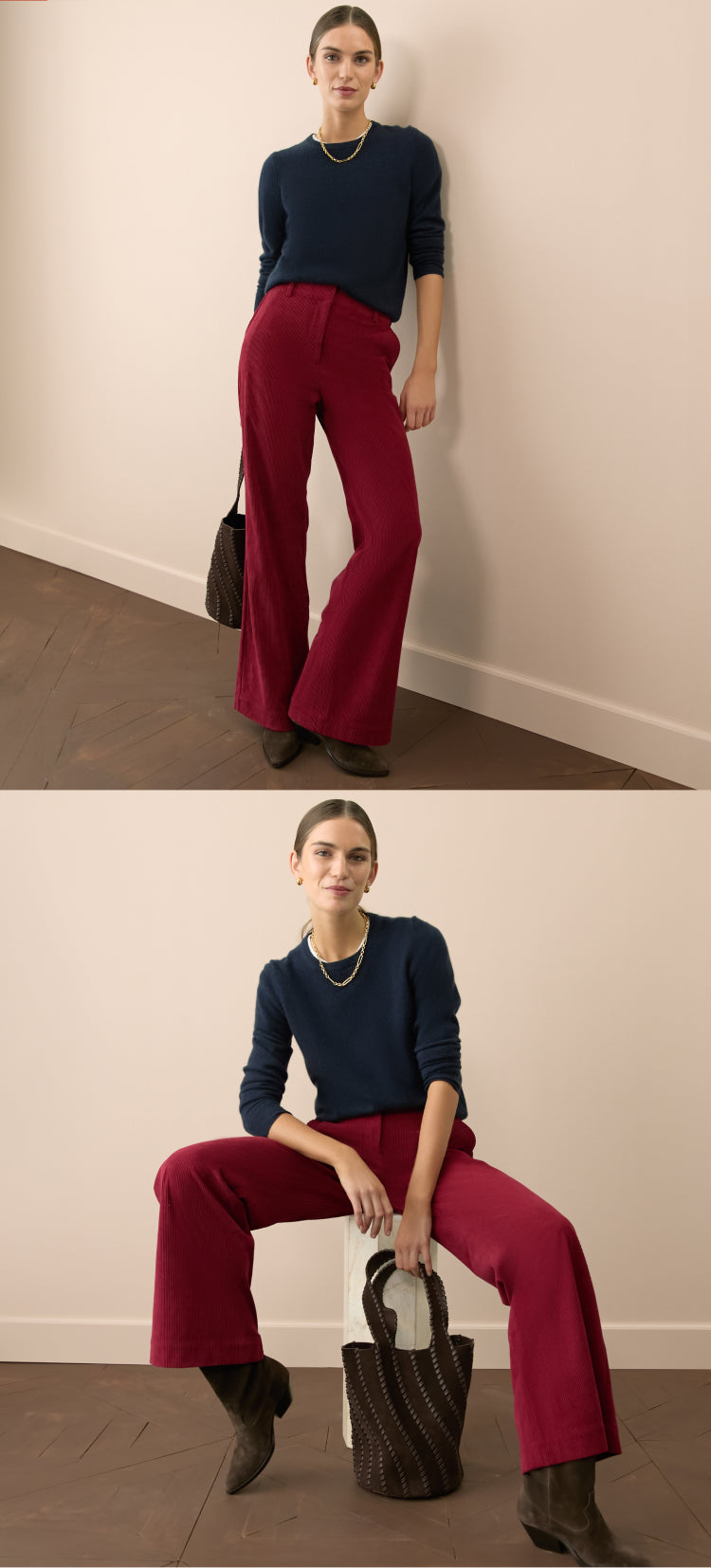 Woman in a navy crewneck sweater and red pants. 