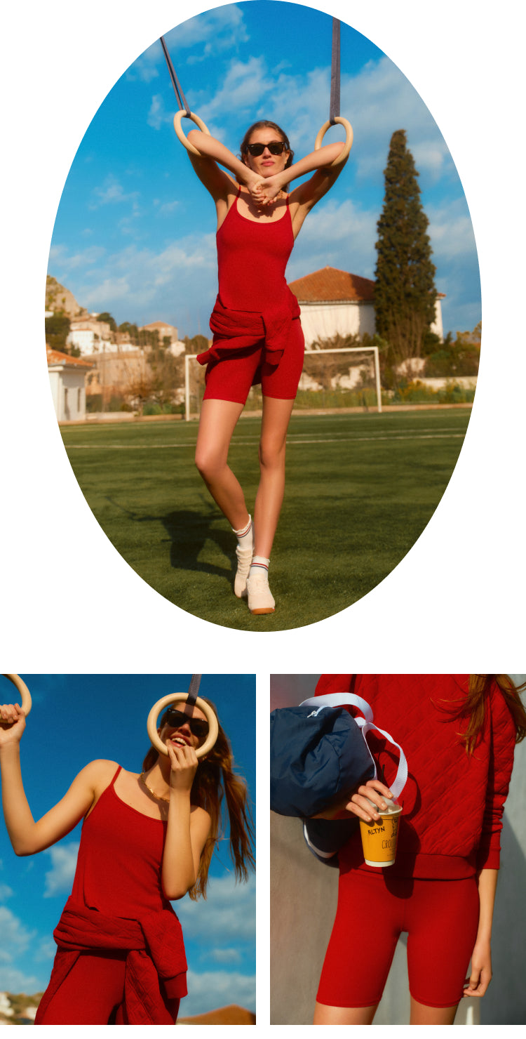 Top: Woman with her arms in athletic rings in a matching red tank and bike shorts. Bottom Left: Woman holding athletic rings in a matching red tank and bike shorts. Bottom Right: Woman in a red sweatshirt and matching red bike shorts. 