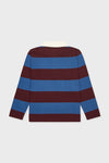 Petrol Blue Stripe Tijo Long Sleeve Boy Rugby Shirt, showcasing classic burgundy and blue stripes with an off-white collar, embodies effortless, high-end style with a fun, vintage touch.