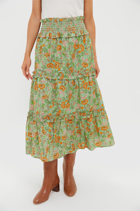 Mint & Orange Floral Smocked Odette Midi Skirt