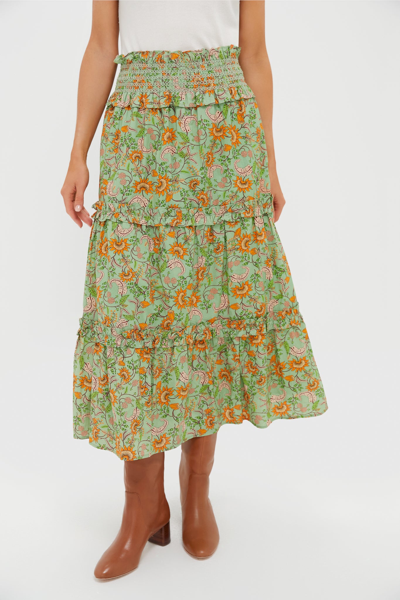 Mint & Orange Floral Smocked Odette Midi Skirt | Hyacinth House