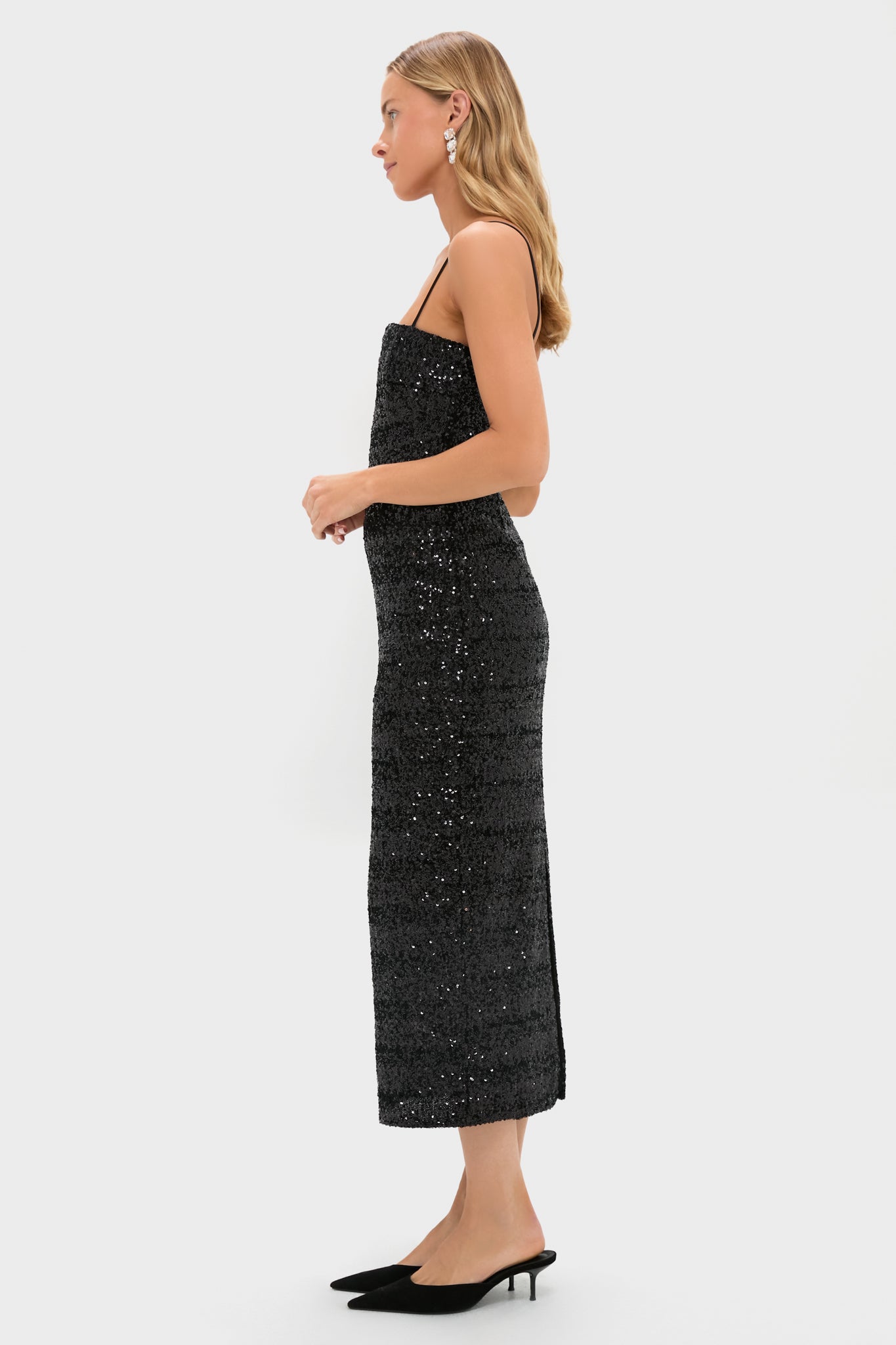 Black Sequin Carmen Column Midi Dress