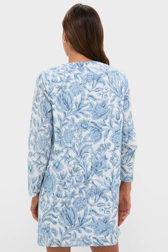 Back view of the Blue Chintz Clarice Bows Dress, showcasing its classic, effortless silhouette with intricate blue floral pattern and long sleeves, embodying high-end, fun femininity.