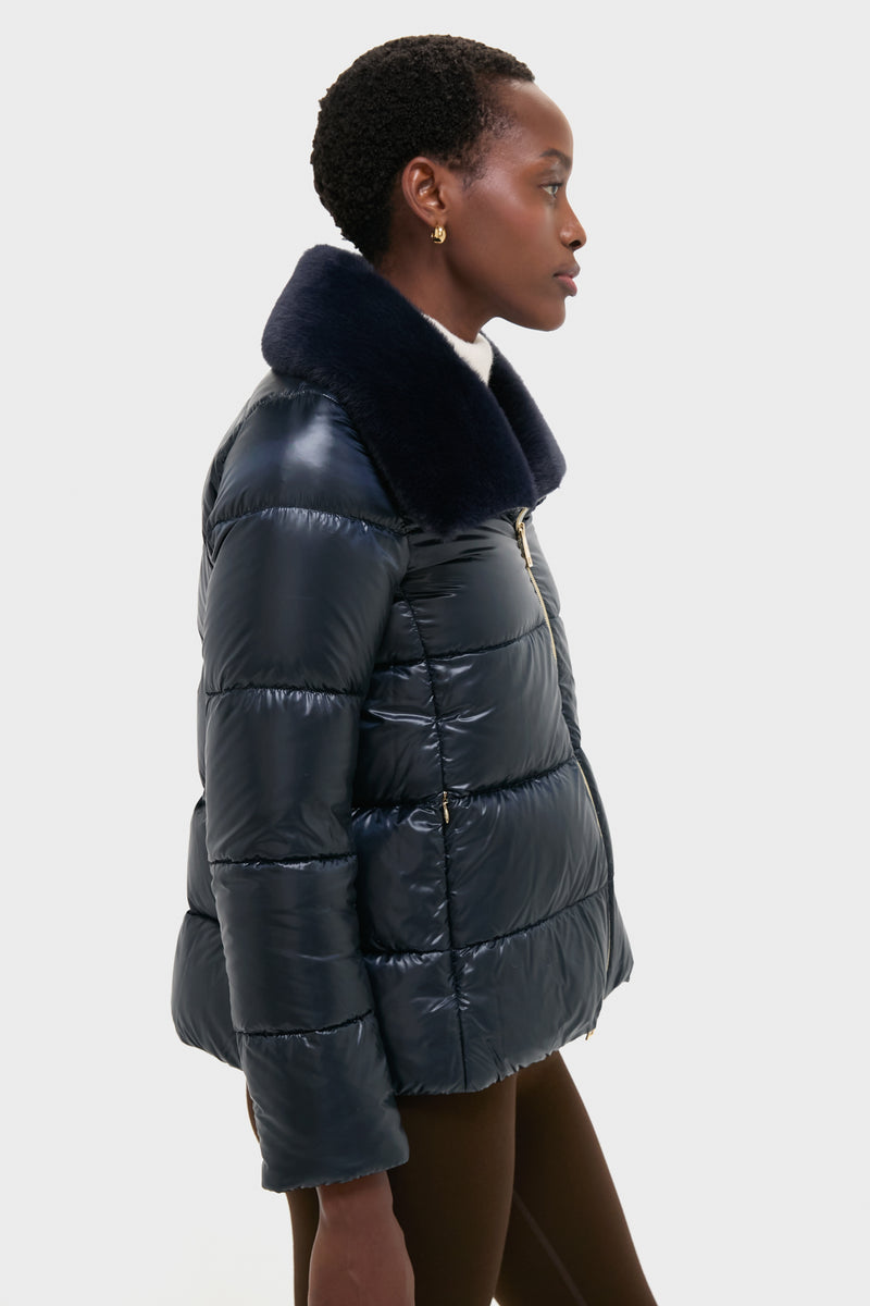 Blue Navy Nylon Ultralight Short Jacket with Faux Fur Collar
