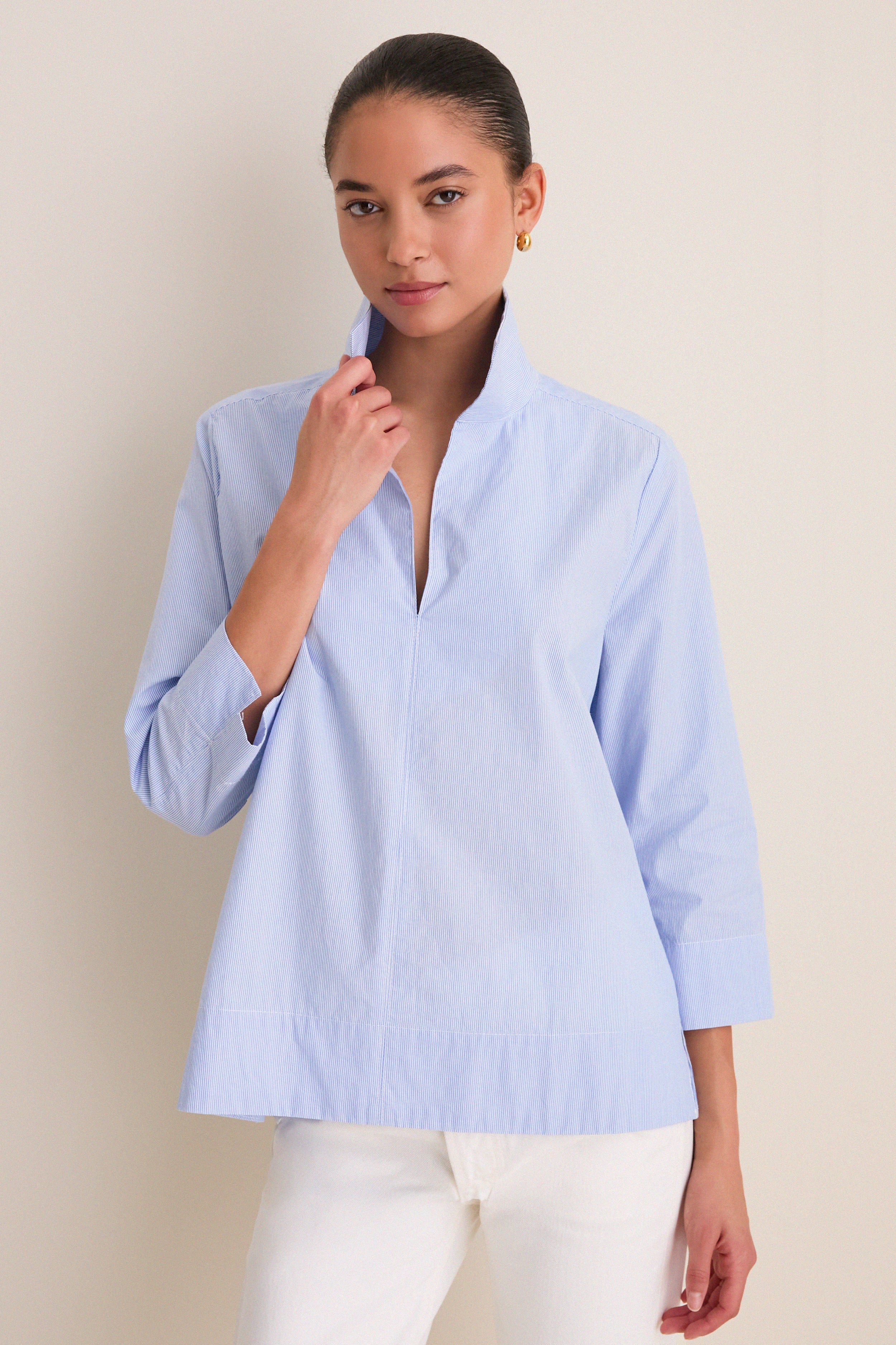 Blue Margot Stand Collar Blouse | Tuckernuck