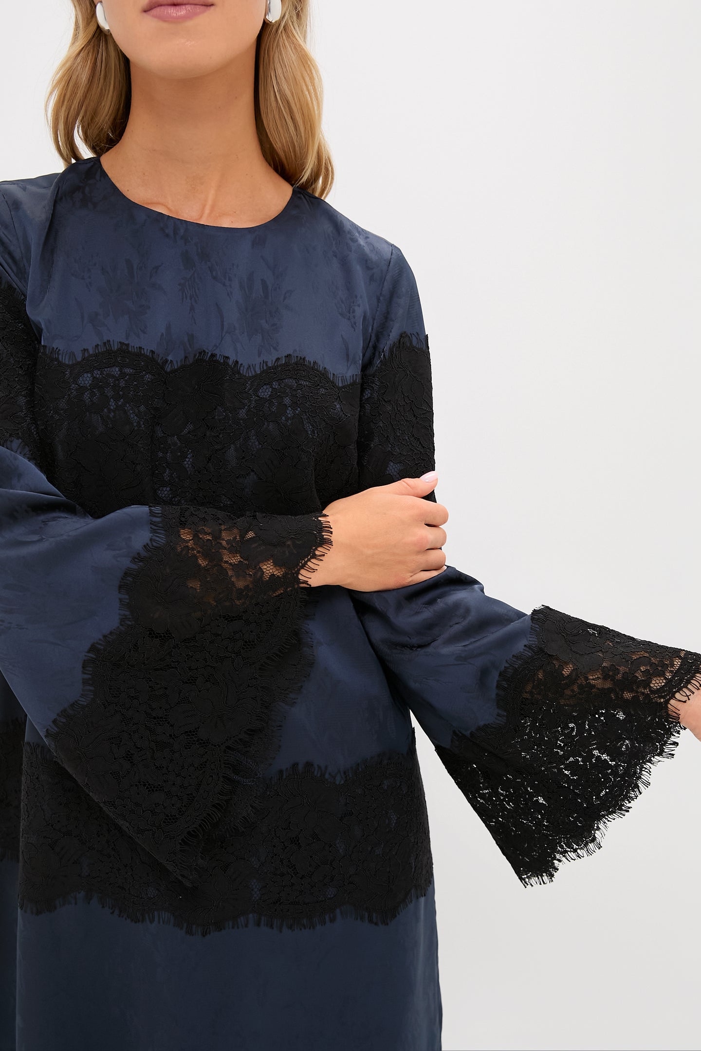 Navy Jacquard and Black Lace Camilla Dress