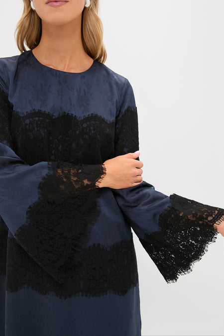 Navy Jacquard and Black Lace Camilla Dress