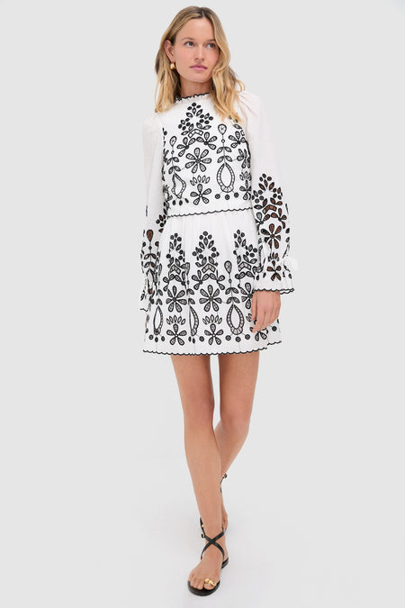 Black and White Embroidered Magda Mini Dress