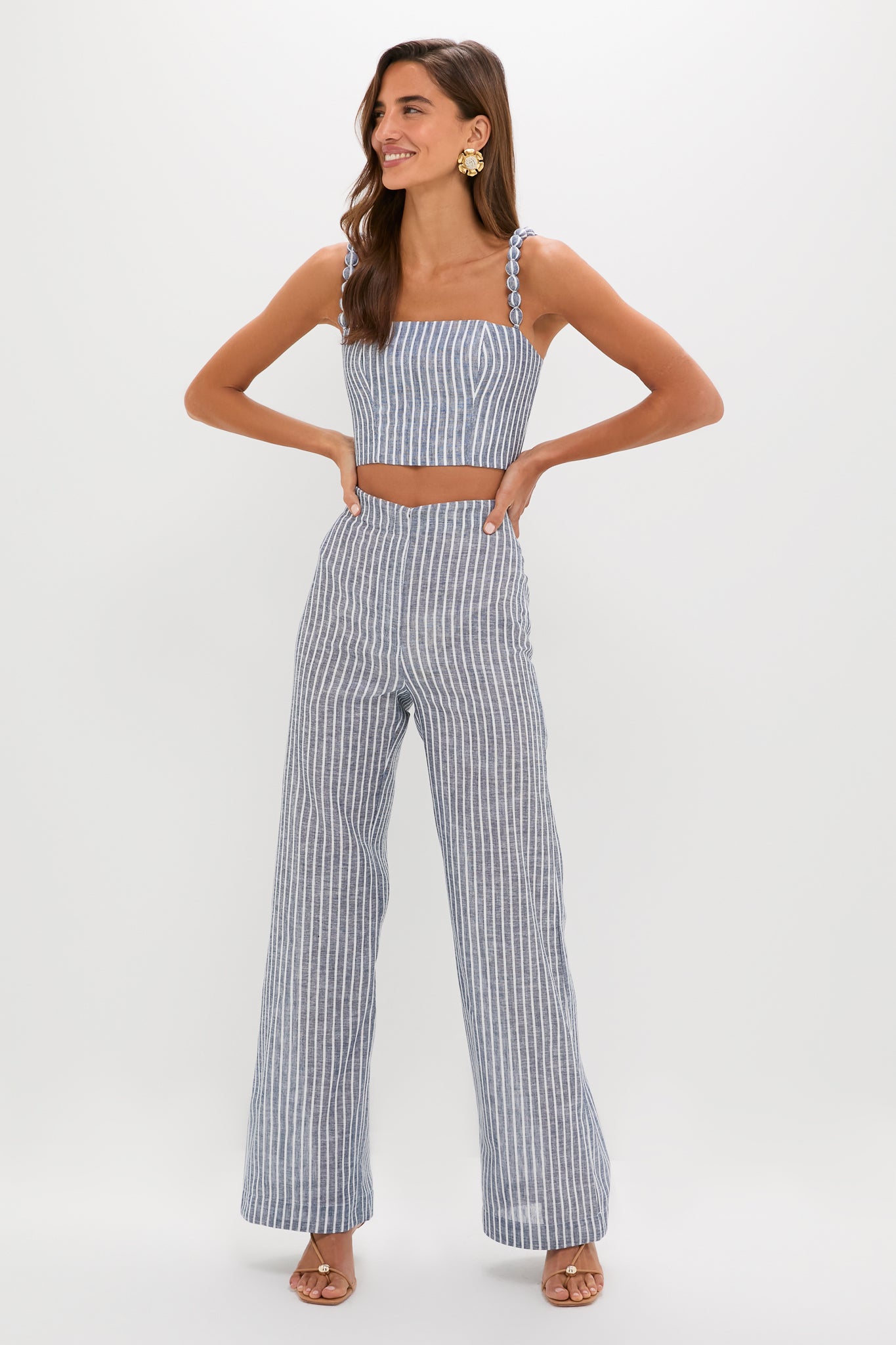 White and Blue Stripes Esperame Embellished Top