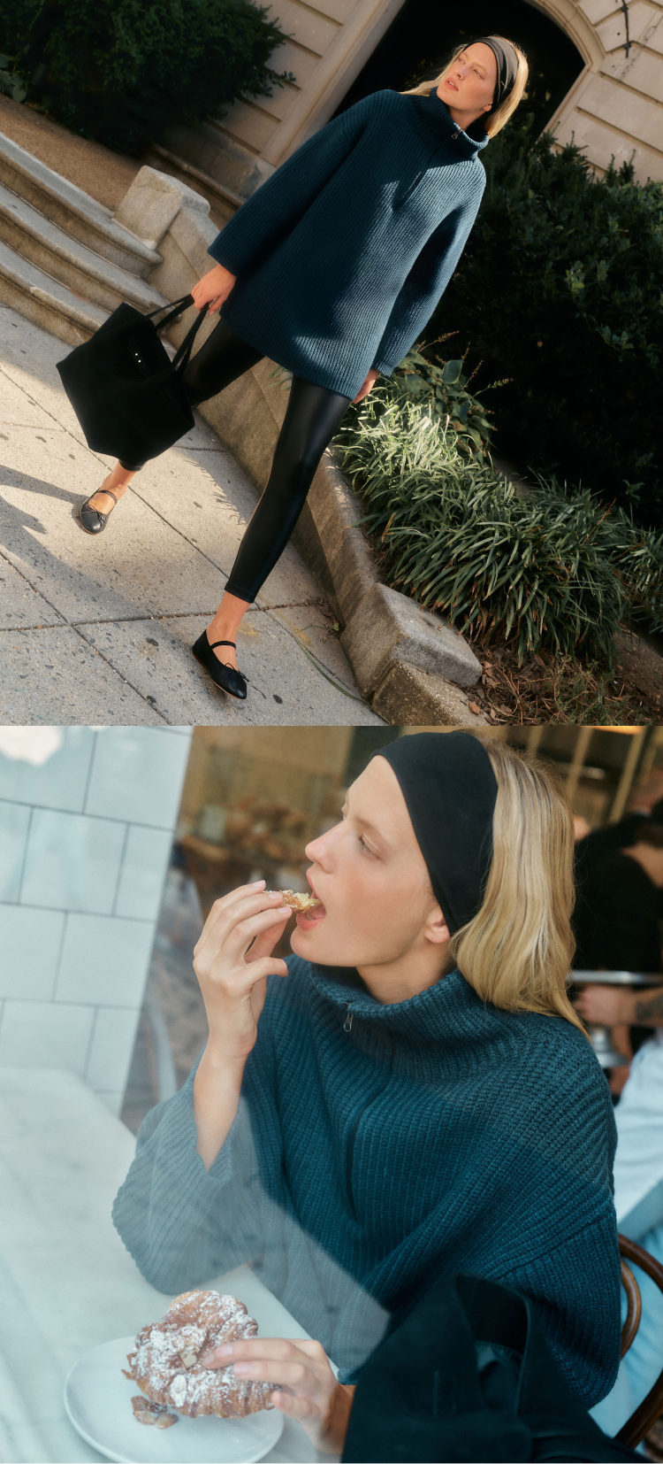 Image one: Woman walking outside in an oversized teal sweater, black leggings, and ballet flats. Image two: woman eating a croissant in a teal sweater. 