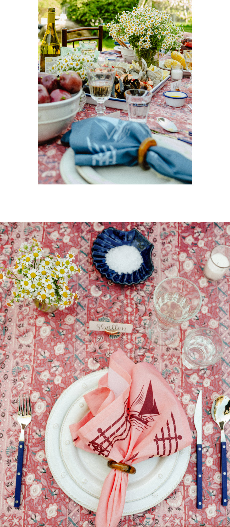 Top: close up at an angle of a place setting with a blue napkin. Bottom: Overhead shot of a place setting with a pink napkin. 