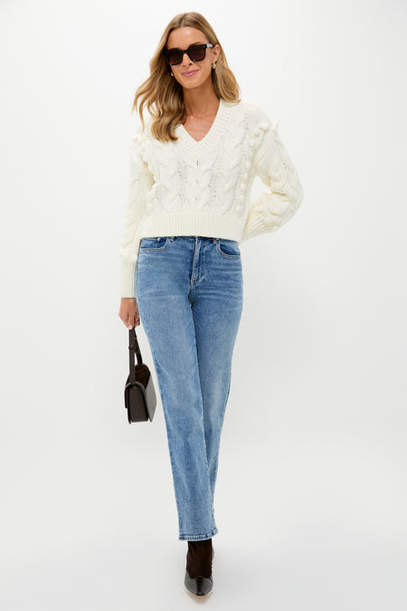Ivory Cable Knit Cropped Contessa V-Neck Sweater