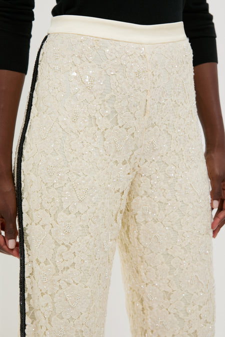 Cream Lace Sequin Straight Pants