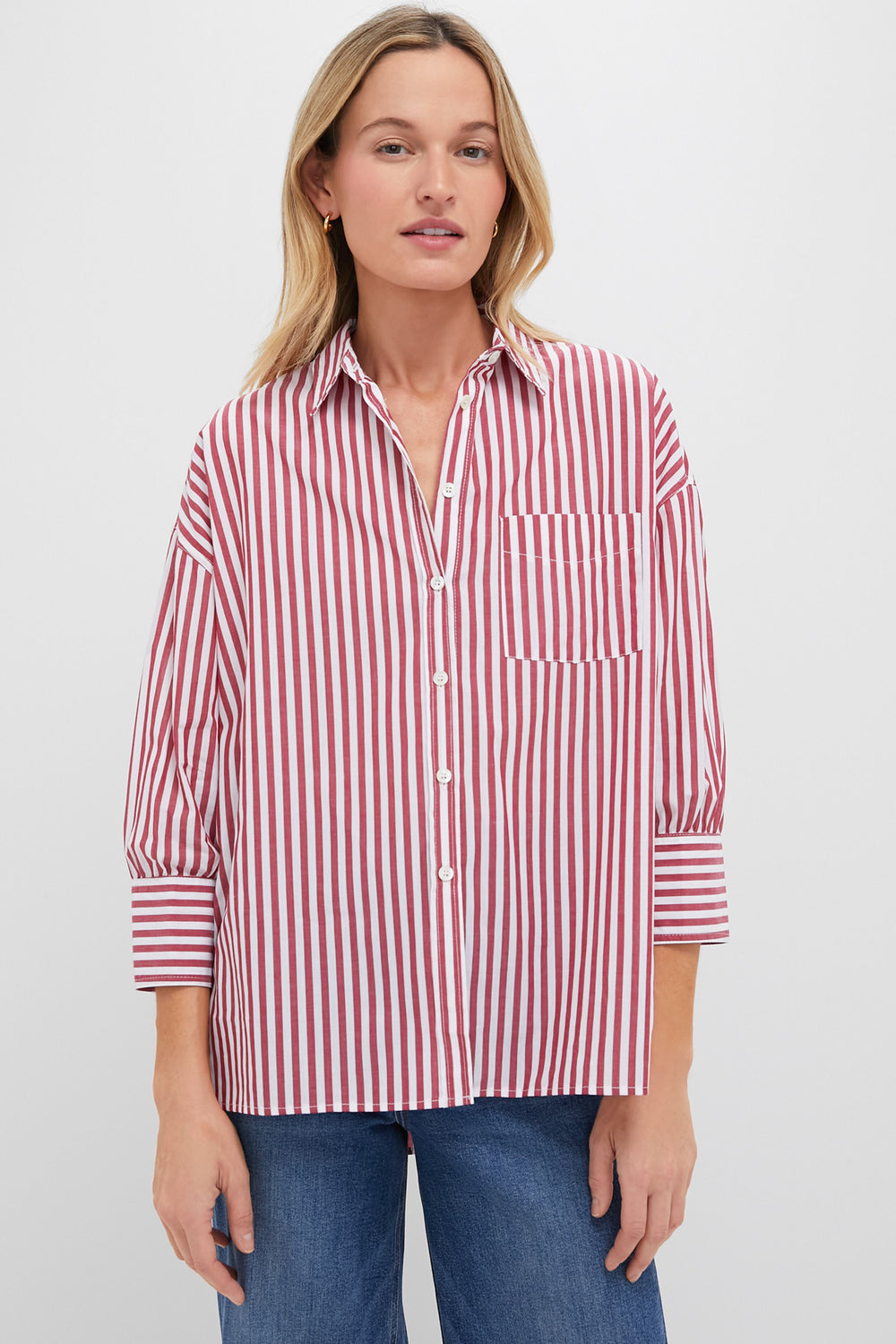 red striped dress shirt Pomander Place Red Stripe Adair Boyfriend Shirt Red / XXS