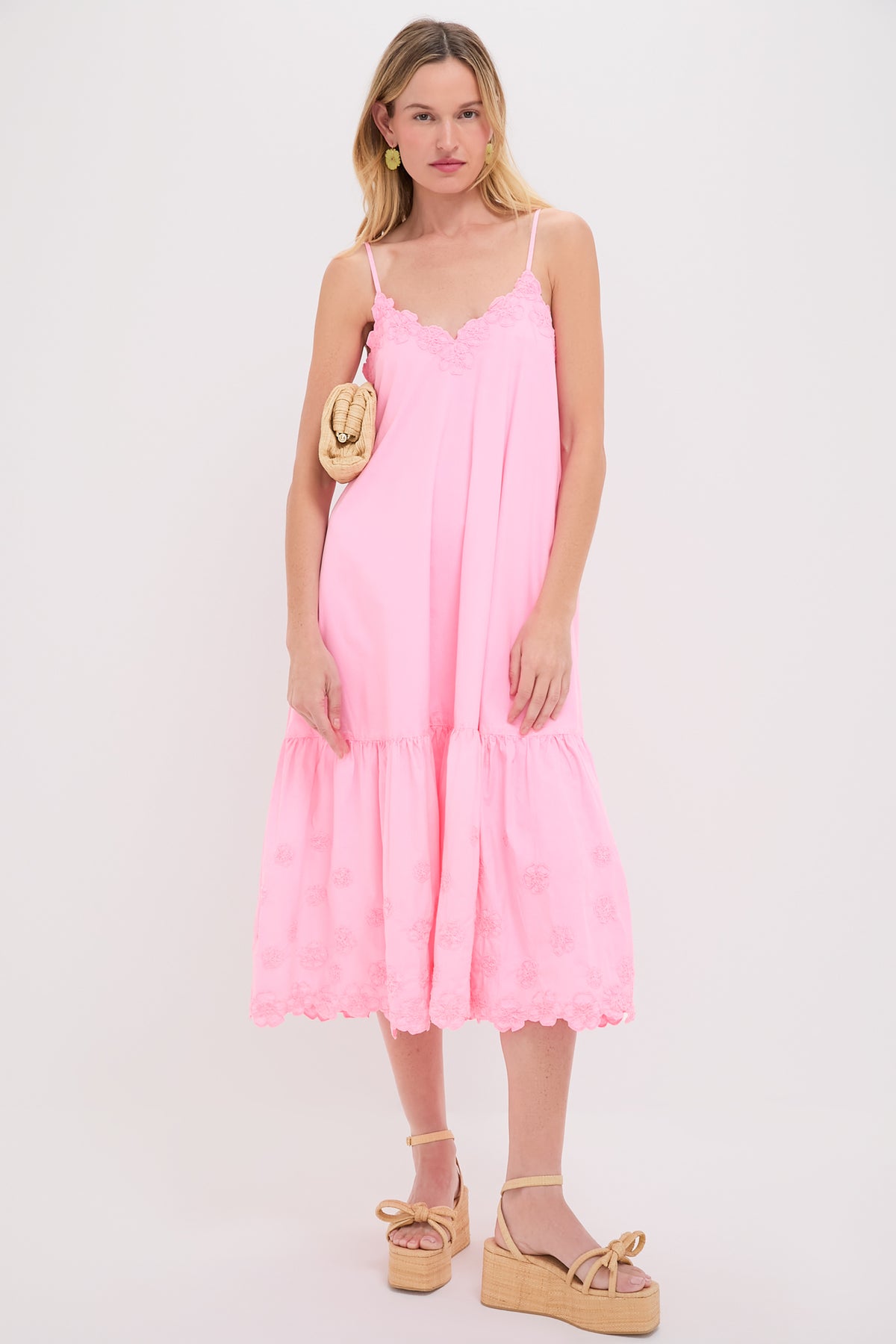 Pink Grapefruit Poplin V-Neck Midi Dress