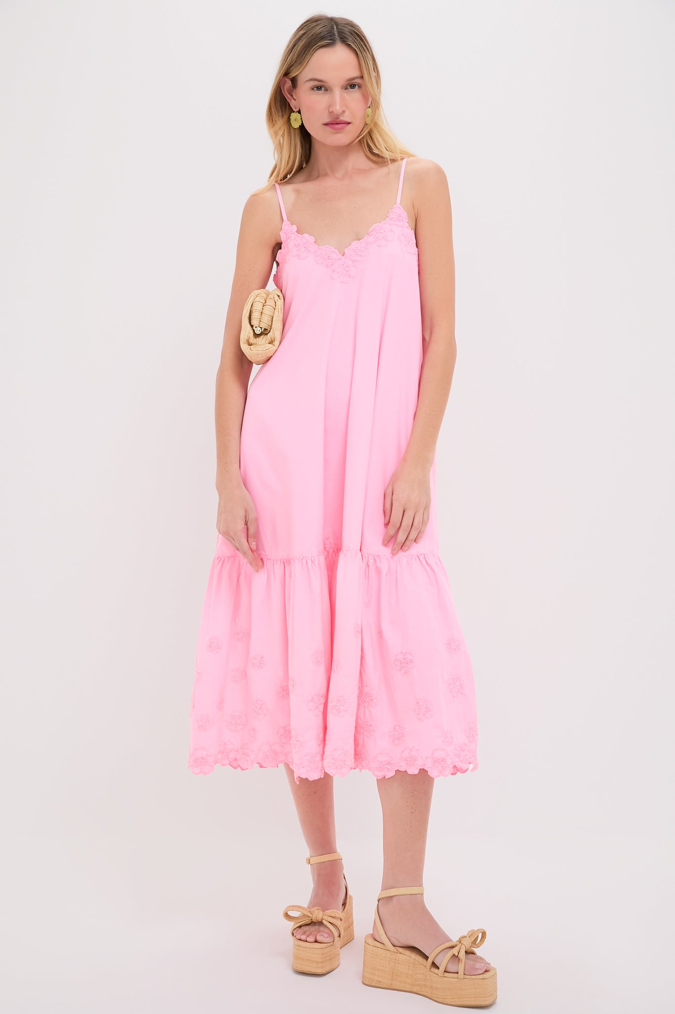 Pink Grapefruit Poplin V-Neck Midi Dress