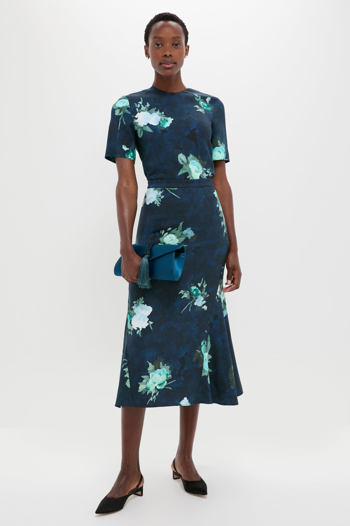Abstract Rose Navy Fluted Midi Skirt