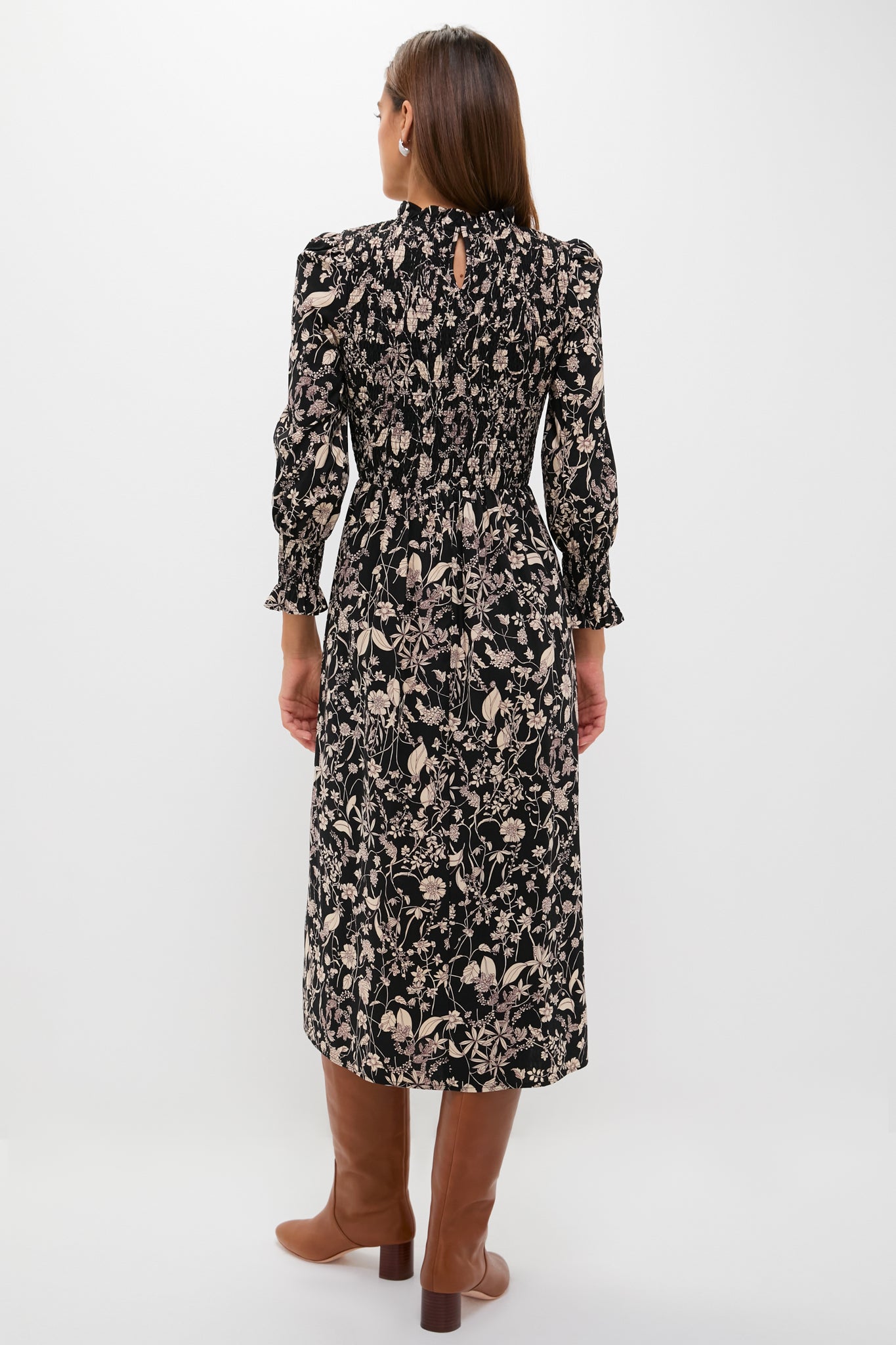 Black & Tan Floral Smocked Susanne Midi Dress