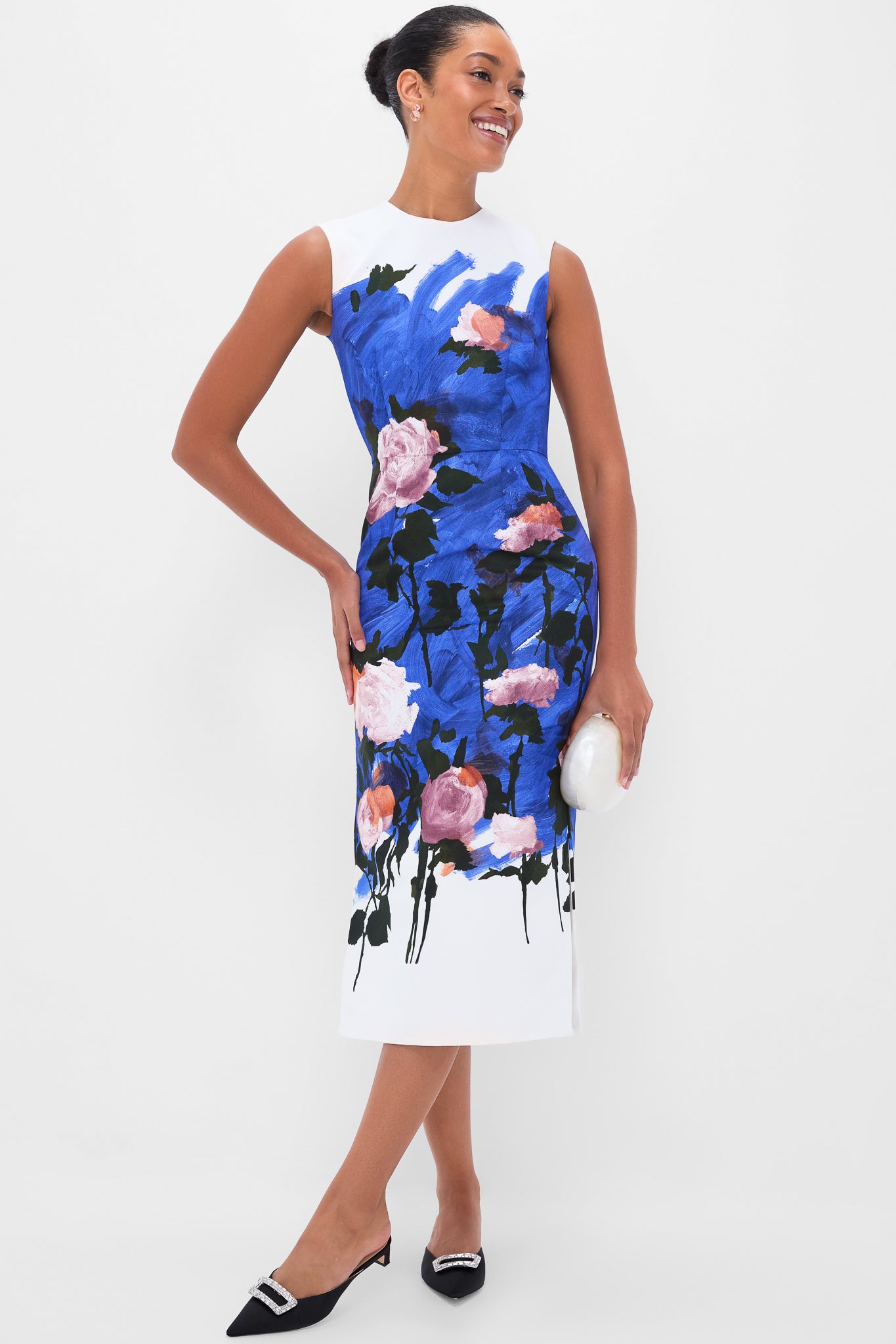 Brushstroke Rose Cobalt Blue Sleeveless Pencil Midi Dress
