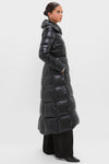 Black Nylon Ultralight Quilted Maxi Coat with Elastic Belt