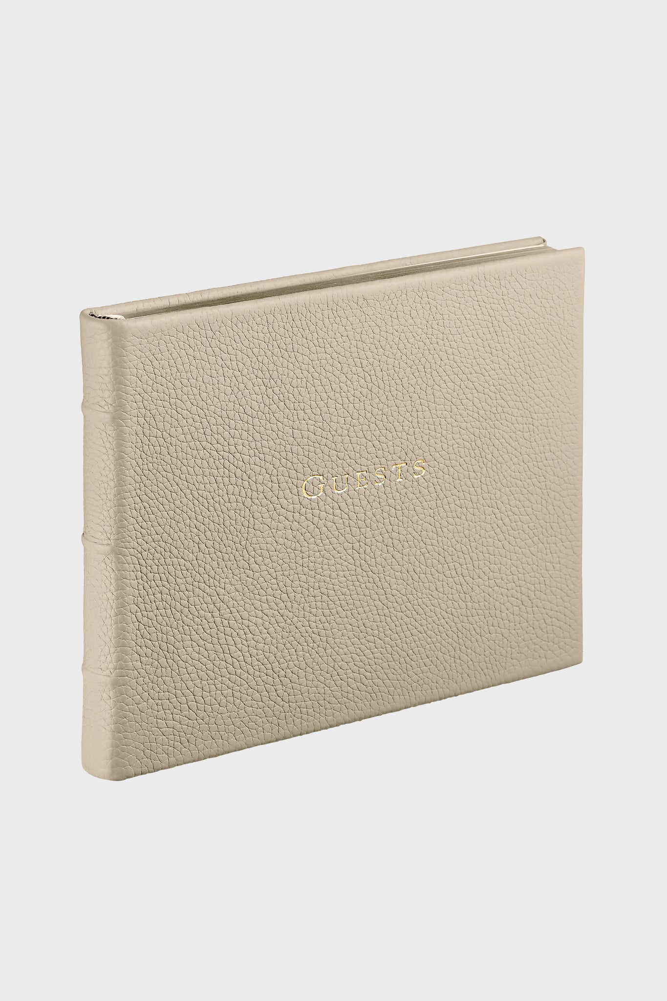 Beechwood Pebble Grain Guest Book with GUESTS embossed in gold offers a classic, high-end touch for events, featuring durable leather and effortless elegance.
