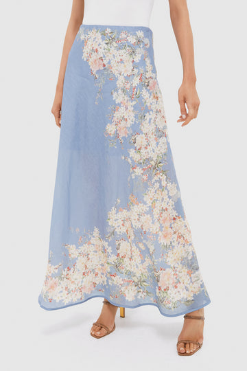 Teal Blue Botanical Floral Cascadian Bias Skirt