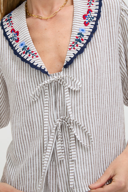 Tan Stripe Embroidered Falyn Top