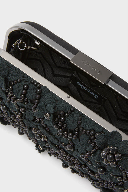Black Beth Encrusted Clutch: A classic, high-end minaudière adorned with beaded embellishments, pearls, and crystals, offering an effortless, fun accessory for formal occasions.