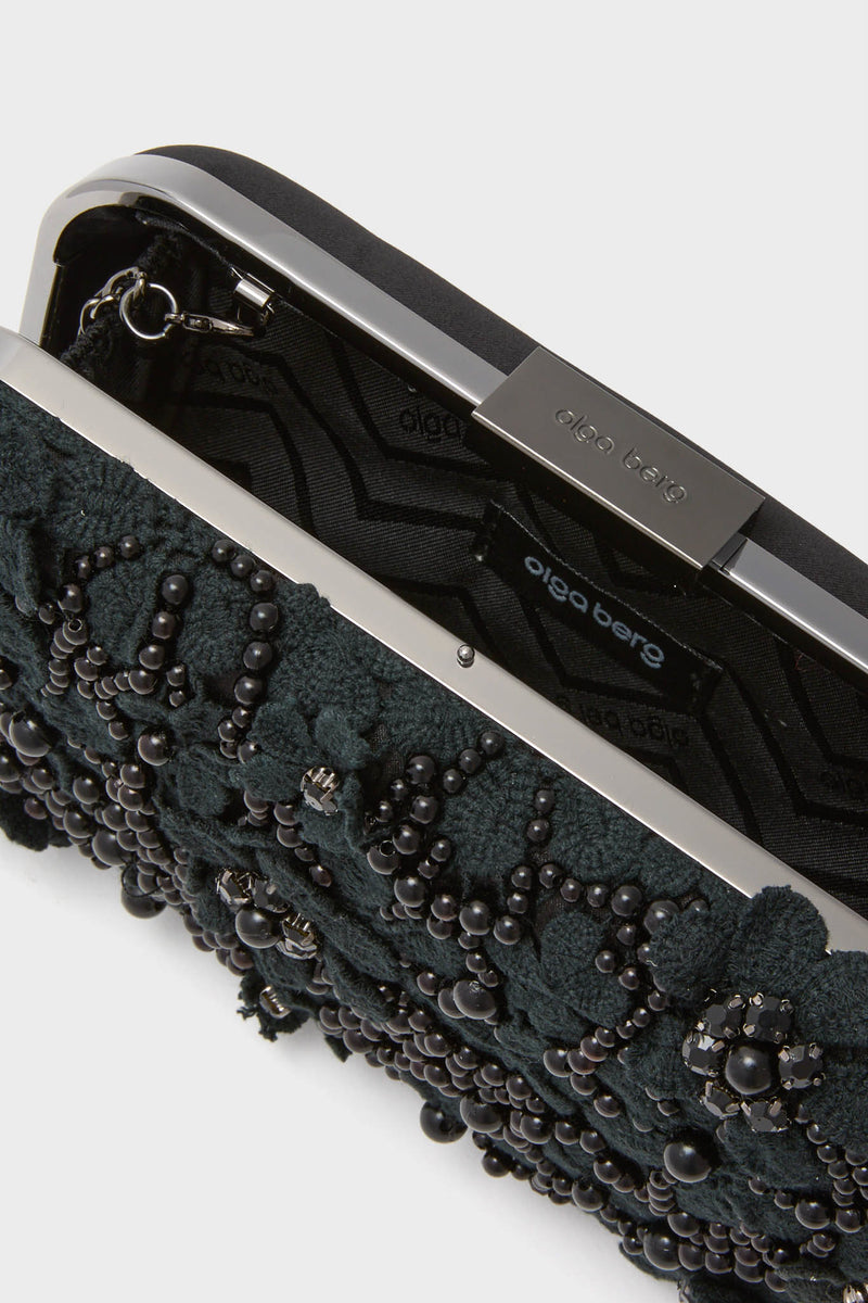 Black Beth Encrusted Clutch: A classic, high-end minaudière adorned with beaded embellishments, pearls, and crystals, offering an effortless, fun accessory for formal occasions.