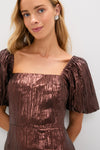 Bronze Metallic Plisse Gladys Puff Sleeve Midi Dress