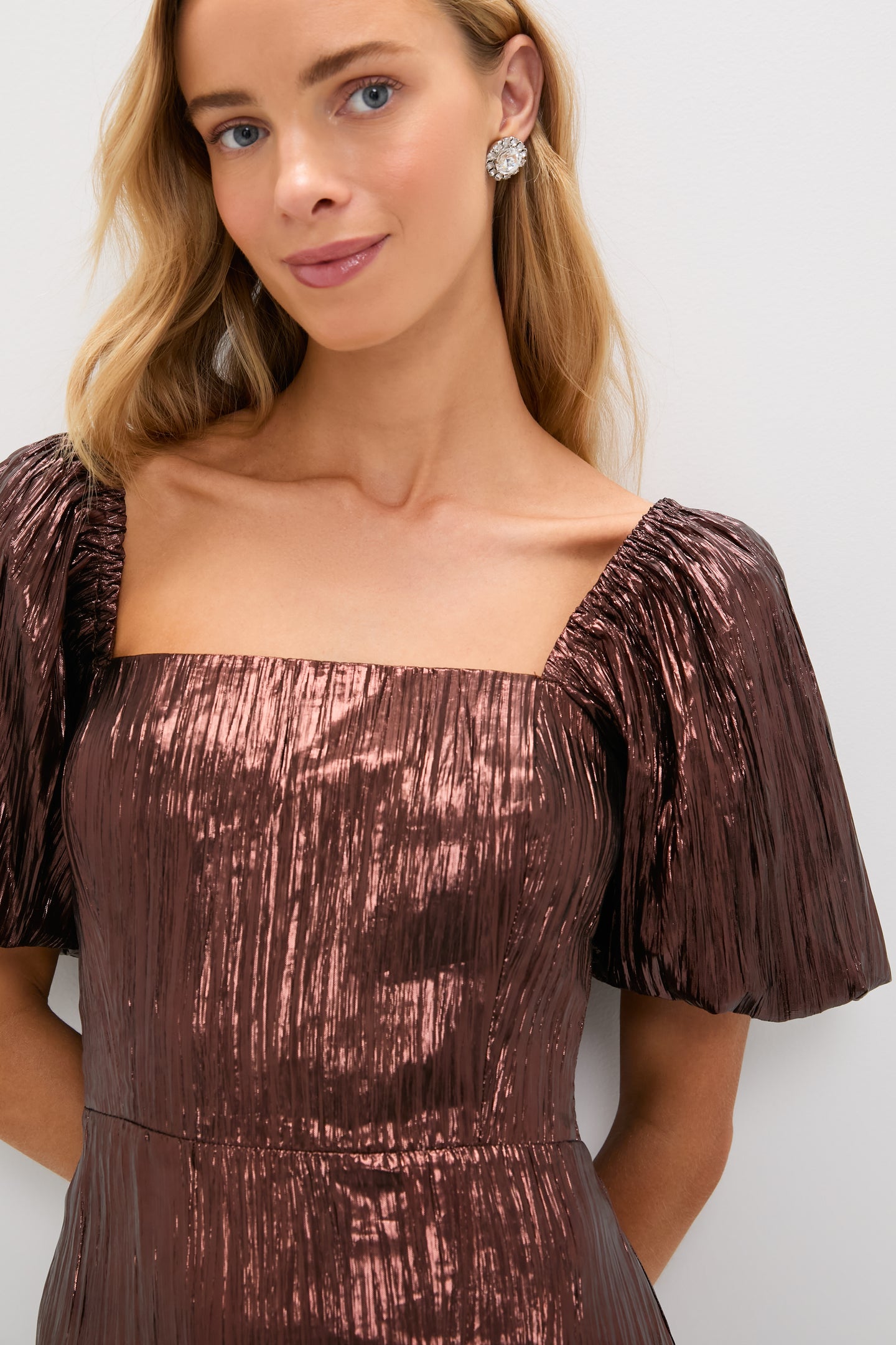 Bronze Metallic Plisse Gladys Puff Sleeve Midi Dress