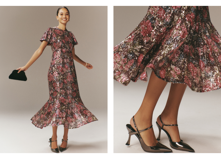 Woman in a sequined maxi dress. 