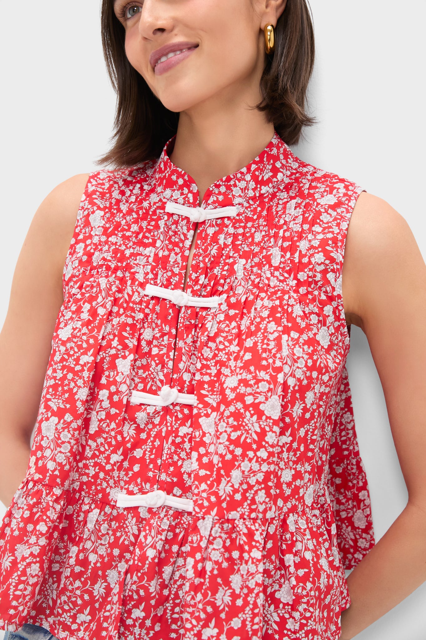 Red Lucille Liberty Print Knot Loop Tank Top