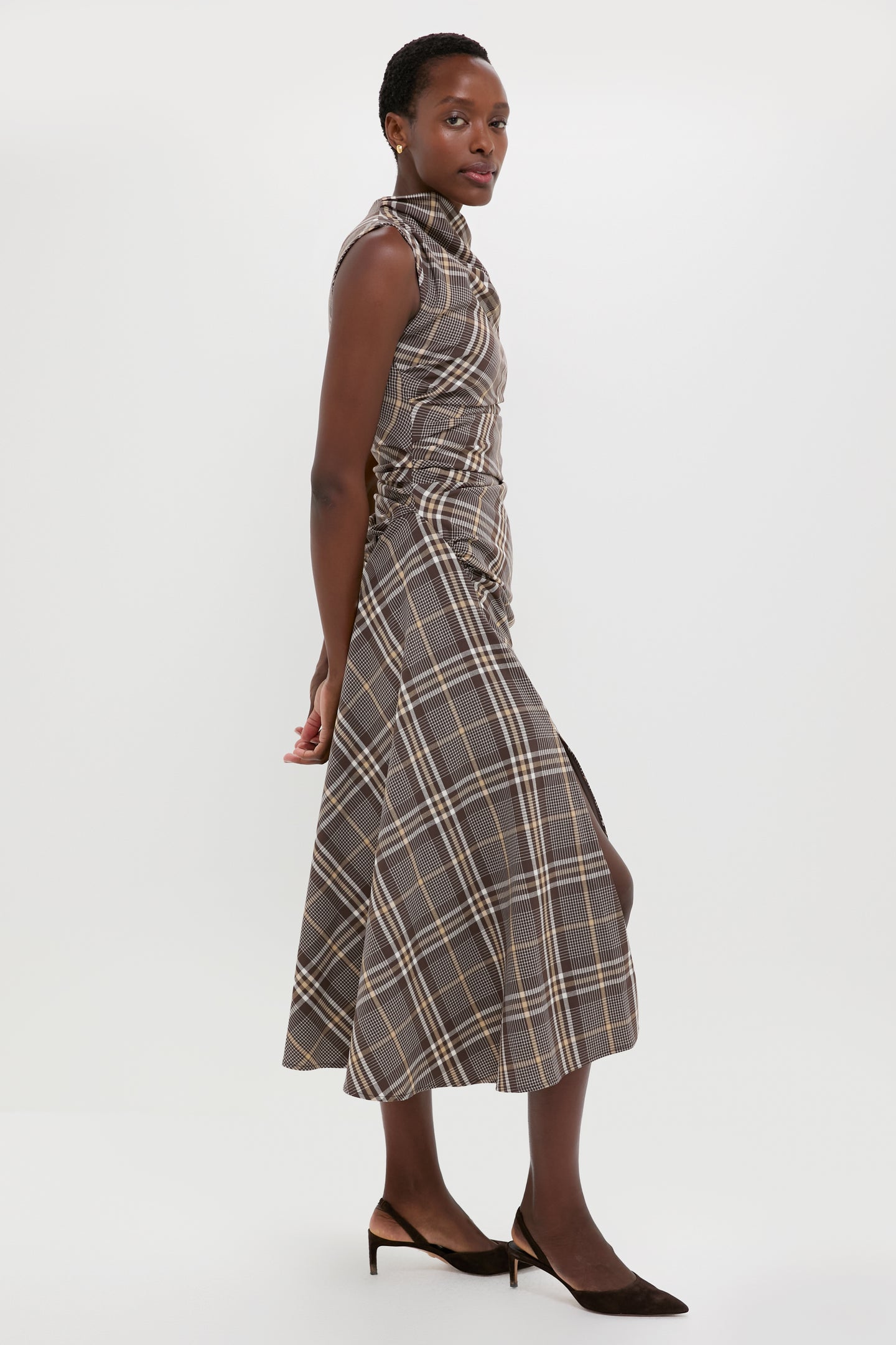 Chocolate Plaid Burke Sleeveless Draped Midi Dress