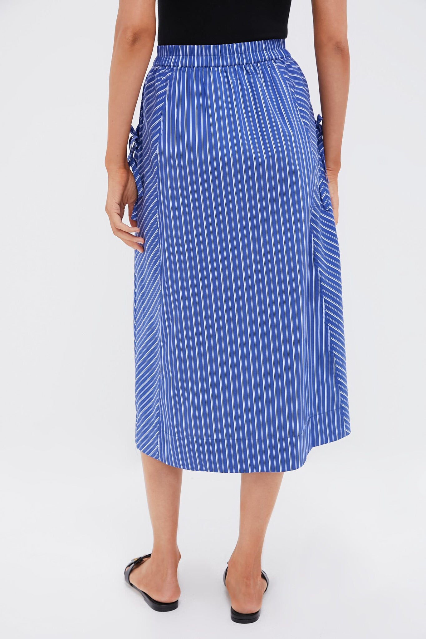 Dark Blue and White Kendall Play Stripe Midi A-Line Skirt