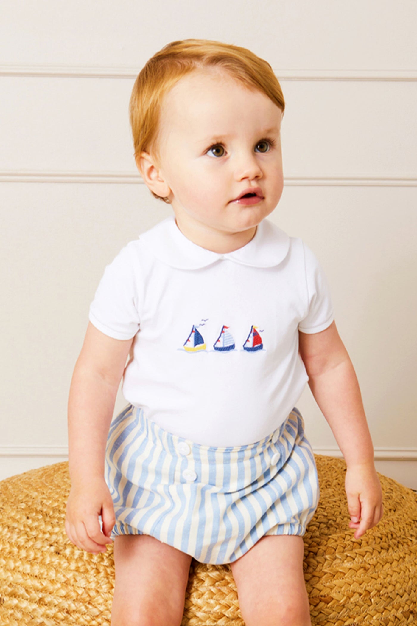 Embroidered Boat Motif Peter Pan Collar Bodysuit in White